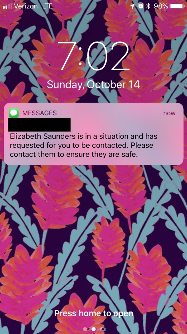 A lock-screen text notification triggered by CalcuSaver, alerting an emergency contact that Elizabeth Saunders is in a situation and needs to be contacted